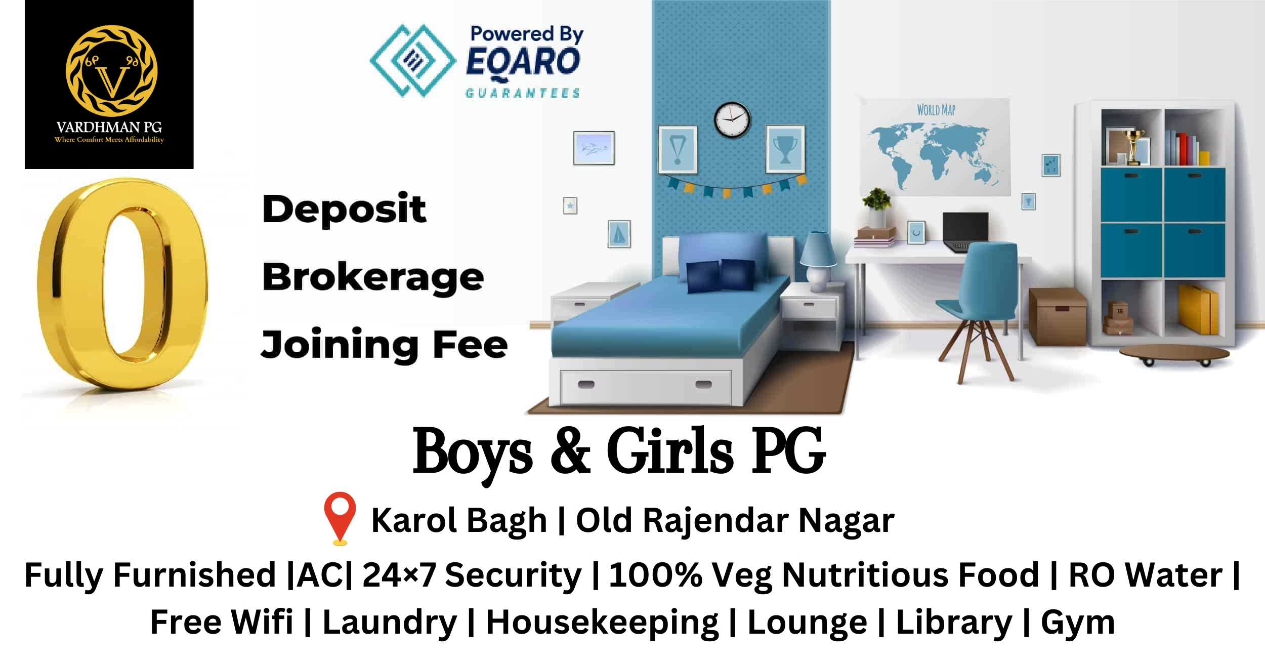 Image of a dorm room advertisement with a bed, desk, and clock. Text lists amenities including Wi-Fi, laundry, and a gym. VARDHMAN PG is written across the top. There is text at the bottom that says Karol Bagh | Old Rajendar Nagar.